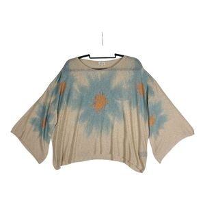 POL Knit Oversized Daisy Sweater Top Beige & Blue Womens Size Large Flowy